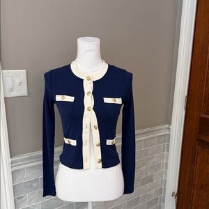 J Crew Navy and Cream cardigan with Gold Buttons